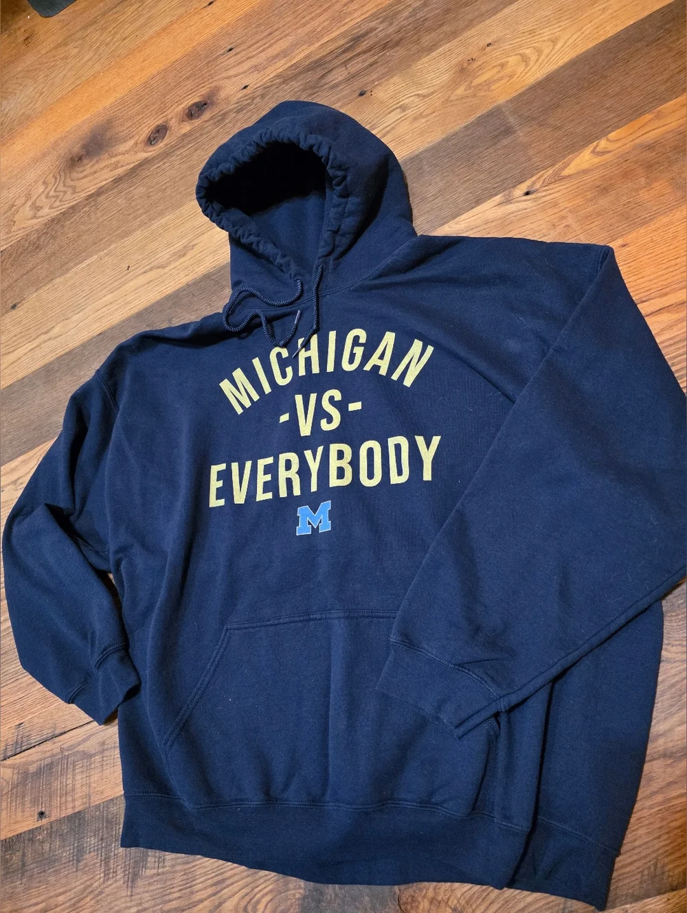 Gildan Navy Men's Hoodie with Yellow 'Michigan vs Everybody' and Blue Men 3XL - Picture 2 of 8